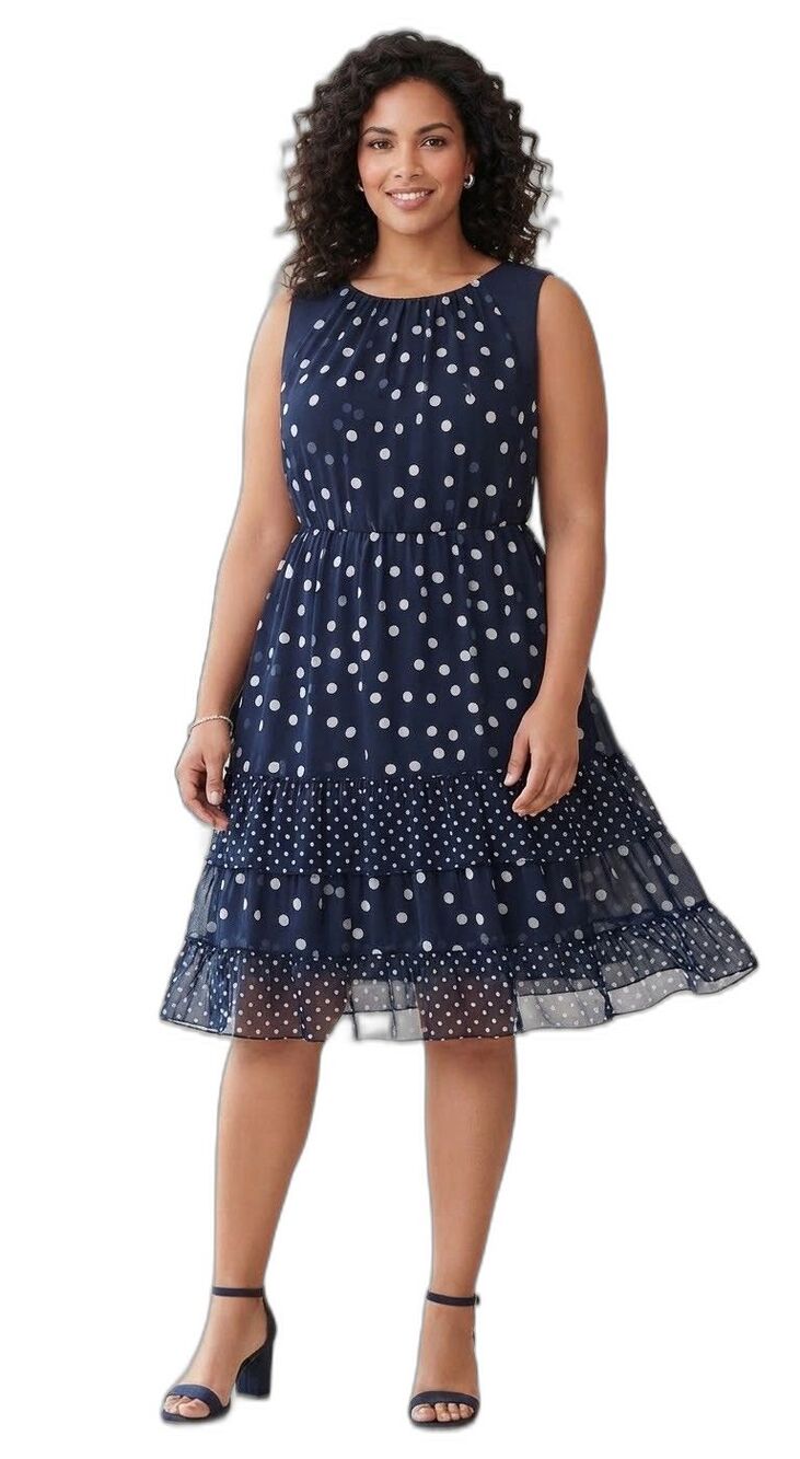 JBS women's plus size 22WP navy blue polka dot chiffon ruffle midi dress NWOT